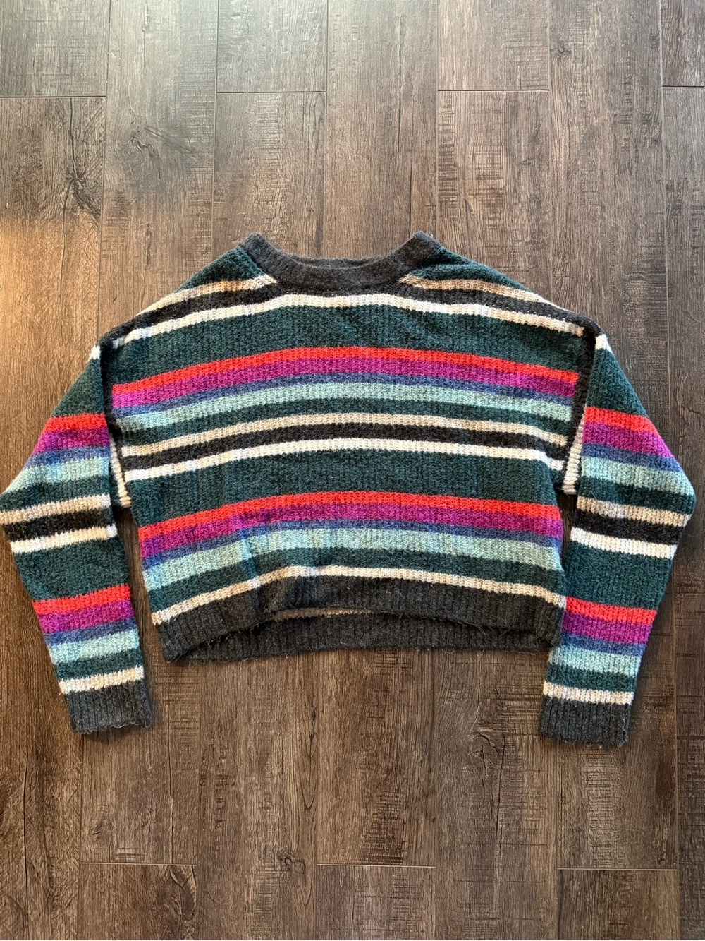 Striped Cropped Crewneck Sweater in Teal, Pink & Blue
